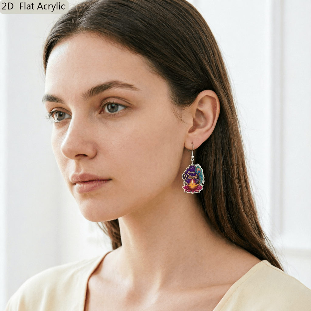 Indian Peacock Feather Diya & Lotus Acrylic Dangle Earrings
